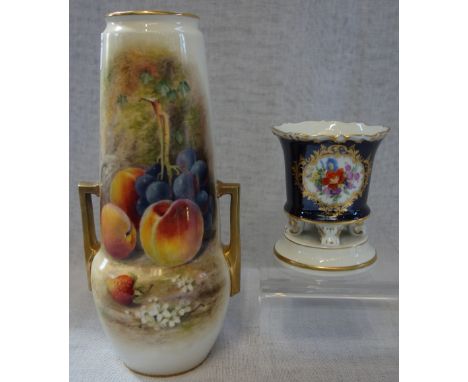 A ROYAL WORCESTER VASE, hand painted with fruit, signed, 'Ricketts', 23cm high and a small Dresden footed vase with a floral 