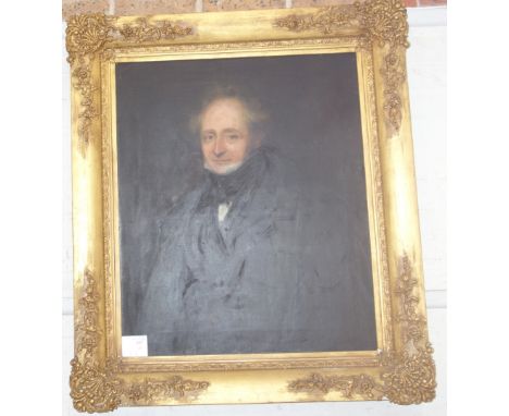 A 19TH CENTURY OIL ON CANVAS portrait of a gentleman wearing a high collar, in a moulded and gilt frame