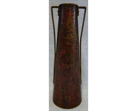 AN ARTS &amp; CRAFTS BRASS AND RED ENAMEL TAPERED VASE, decorated with figures, stamped, 'KINKO' to the base, 23cm high