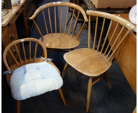 ERCOL; A COWHORN CHAIR, a dressing table chair with low back and another dining chair (3)