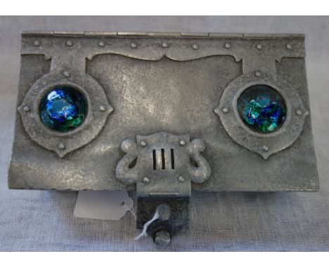 AN ARTS &amp; CRAFTS ALUMINIUM CASKET with inset enamel plaques, 22cm (examine)