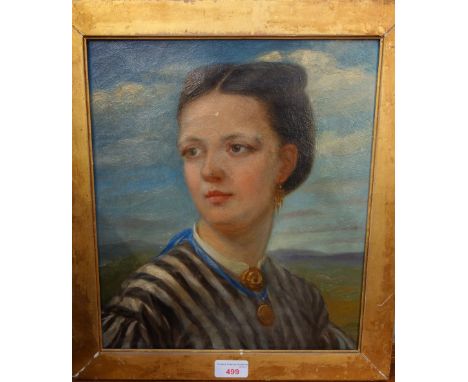 A 19TH CENTURY PORTRAIT of a lady in a stripy dress, oil on canvas, inscribed to the back "The Honourable Mrs H W Hobart, pai