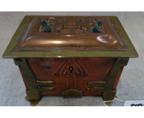 AN ARTS &amp; CRAFTS COPPER AND BRASS JEWELLERY CASKET with inset enamel panels, 9cm high x 13cm wide
