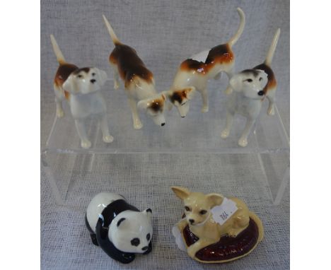 BESWICK; A SET OF FOUR HUNTING BEAGLES, a panda and a Chihuahua on a cushion (6)