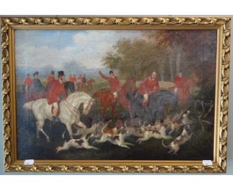A PAIR OF OIL ON CANVAS HUNTING SCENES, indistinctly signed, the back of one inscribed "H Alken"