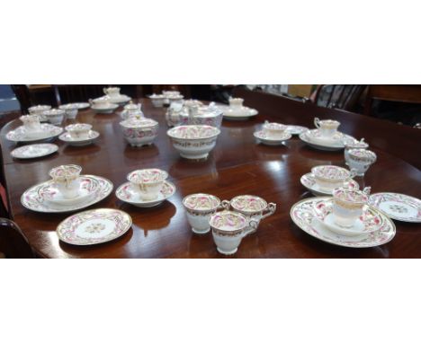 AN EXTENSIVE VICTORIAN TEA SERVICE, decorated with pink foliage and gilt, some marked, 'Ollivant' below