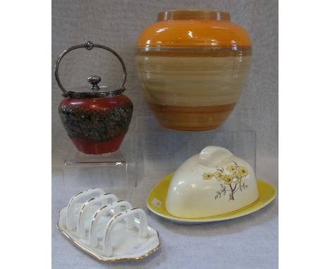 A 1930S ORANGE AND BROWN BANDED VASE, a Carltonware cheese dish and similar ceramics