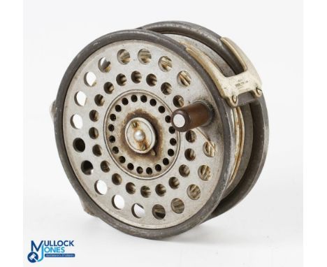 Hardy Bros the “St Andrew” alloy sea trout light salmon fly reel, 4 1/8” wide spool, 2 screw latch, black handle, milled rim 