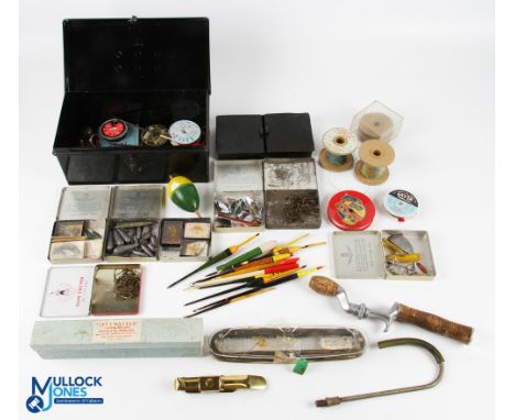 Fly Fishing Collection - tins of assorted flies, black Tackle tin with vintage tackle - floats, sea-ranger lie, Flymaster fly