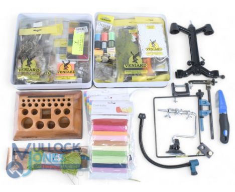 Good collection of fly tying materials, many in packets by Veniard including beads, raffia, hares masks and more, plus a leve