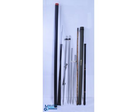 Fishing Accessories: a mixed lot to include landing net handles, a period burnt bamboo pole, a Sussex tackle extending fibreg