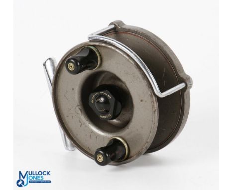 J W Young and Son Redditch "The Windex" centre pin alloy reel, RHW, 4" wide spool with twin shaped handles, large centre tens
