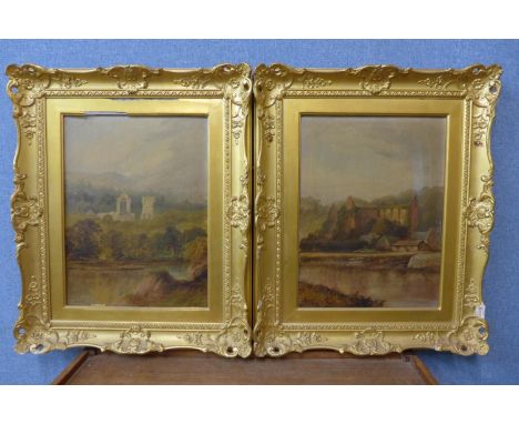 Martin M. Jacobi (b. 1834), Tintern Abbey, River Wye and Dryburgh Abbey, Scotland, oil on canvas, framed 