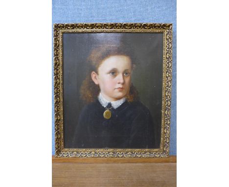 English School (late 19th/20th Century), half portrait of a young girl, oil on canvas, framed 