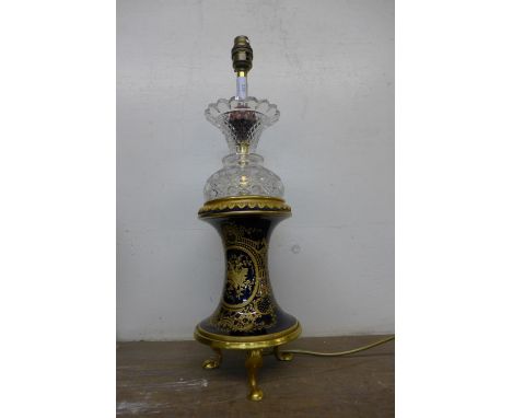 A French style cobalt porcelain, gilt metal and cut glass table lamp 