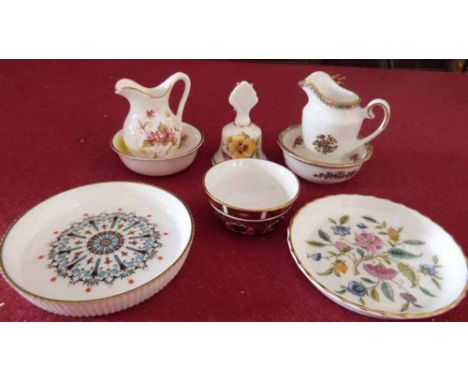 Miniature Coalport 'ming rose' jug and bowl, 'Queensway' ditto, miniature Royal Crown Derby bowl (1128), Worcester and Minton