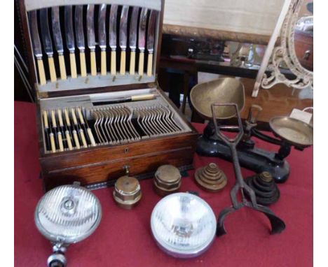 Part oak canteen 'Ashberry' cutlery, metal eezee grip, two brass cartwheel nuts, set of 'Libra' kitchen scales, brass and cas