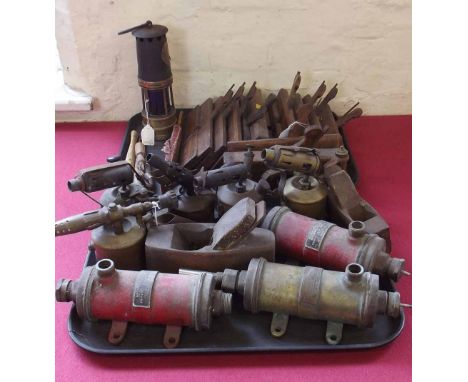 Old brass miners lamp (with blue glass shade), 13 moulding planes, three max sievert and two Bladon blow torches (5). + 3 bee