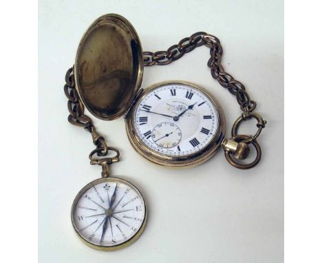 Gold plated Thos Russell hunter pocket watch, Swiss movement, with a chain and compass fob Condition report: see terms and co