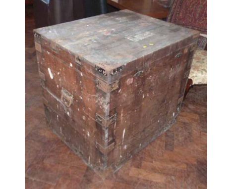 Large pine 19th century silver chest with drop-in storage shelf and metal work banding. Condition report: see terms and condi