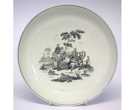 Worcester saucer dish circa 1760   printed after Robert Hancock with The Tea Party pattern, 19.5cm diameter     Condition rep