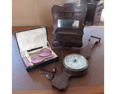 Oak aneroid barometer, oak mirrored pipe rack, two pipes and cased three piece silver dressing table set. Condition report: s