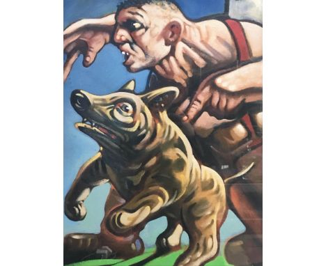 AFTER PETER HOWSON OBE A MAN WITH HIS DOG photographic print 60cm x 40cm Mounted, framed and under glass