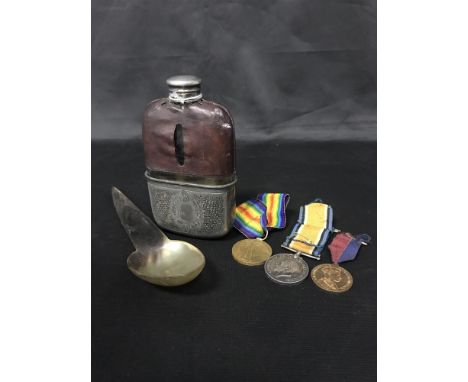 TWO WORLD WAR ONE SERVICE MEDALS AWARDED TO CPR D. R. DEVLIN along a hip flask, two pens and other collectables