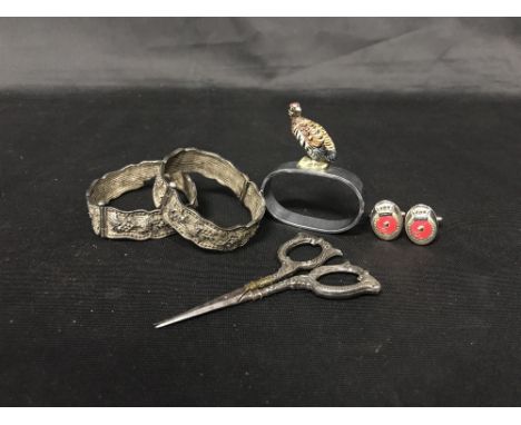 MIXED LOT OF SILVER COLLECTABLES including tongs, lipstick holder, seal, some silver items, Paris tourist cards etc.