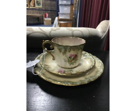 NAUTILUS PORCELAIN THISTLE PATTERN CUP, SAUCER AND SIDE PLATE along with a Hammersley example