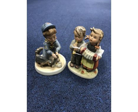 SIX HUMMEL FIGURES comprising Curiosity, Hello World, Little Hiker, Volunteers, For Father and Signs of Spring (6)