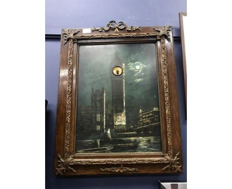 A 19TH CENTURY 'CLOCK' PAINTING OF BIG BEN watch face set in clock tower, mother of pearl inlay, 49cm x 36cm framed, brass mo
