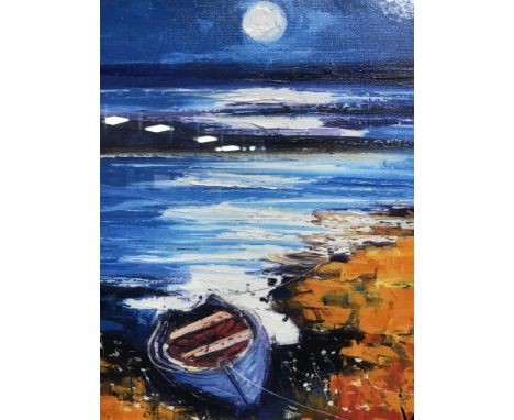 AFTER JOHN LOWRIE MORRISON OBE (JOLOMO), AUTUMN MOON OVER BUNESSAN, ISLE OF MULL hand embellished print on canvas board, numb