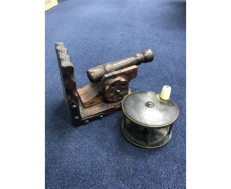 LOT OF COLLECTABLES including a wooden model of a canon, slide rule, sword, etc