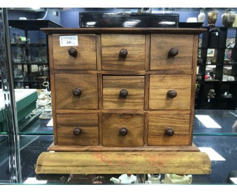 CHINESE WOODEN TABLE CABINET along with a calligrpahy scroll and a wooden trinket box (3)