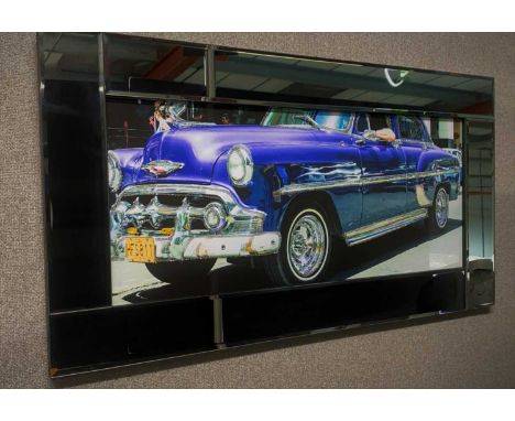 BLUE CARS MIRROR FRAMED PRINT. 460 x 850 mm.
