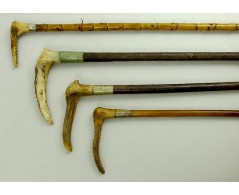 A group of hunting crops including one with a silver ferrule inscribed Miss Joan Sykes, Wrexham  1928, a whipper in white met