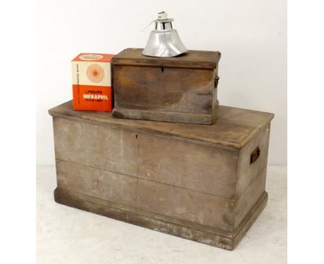 A small pine tool box, 50 by 29 by 30cm high, and a pine tool chest, 105 by 52 by 53cm high, together with an Infraphil 1950'