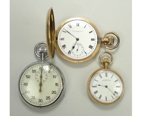 A gentleman's gold plated, hunting cased, key less wind pocket watch, white enamel dial bearing Roman numerals, subsidiary se
