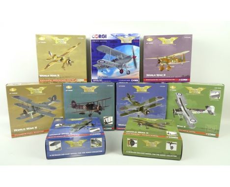 A group of Corgi, The Aviation Archive, limited edition die cast models of bi-planes and two further, comprising; Fairey Swor