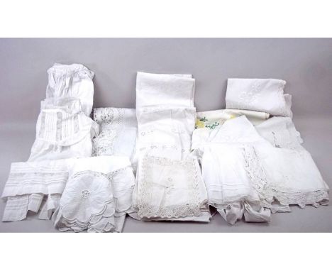 A quantity of linen including a christening dress with lace and pin tucking, another infant's dress, a child's smock with Bro