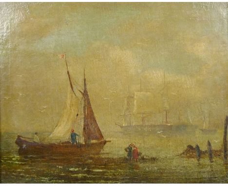 A 19th century, possibly Dutch, seascape with fishing boat to the foreground, oil on canvas, unsigned, 21 by 26cm. 