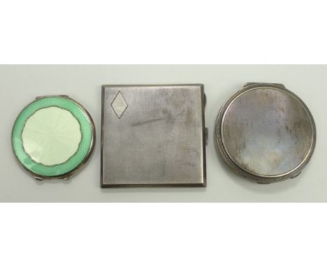 A silver cigarette case with engine turned decoration, Birmingham 1928, silver and guilloche green enamel compact, Birmingham