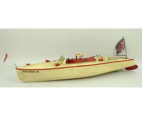 A Hornby Racer III, tin-plate, clockwork boat, cream body, with red fittings and engine cover. 