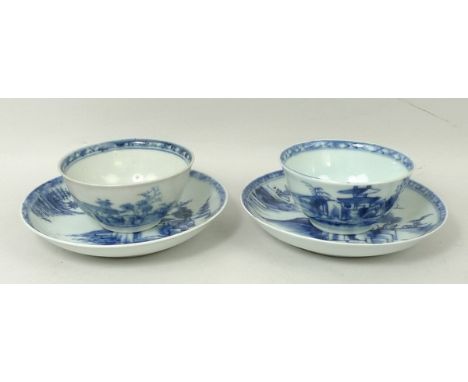 A pair of Nanking Cargo blue and white porcelain tea bowls, 3.7cm high and saucers, 12cm, mid 18th century, decorated with la