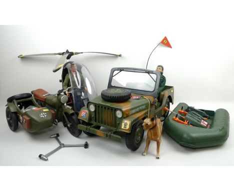 A quantity of Action Man items including a helicopter, American jeep, Wehrmacht motor bike and sidecar, SBS dinghy, two figur