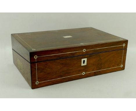 A Victorian rosewood writing slope with mother of pearl inlay and ivory stringing, fitted interior with inkwell, 35.5 by 24 b