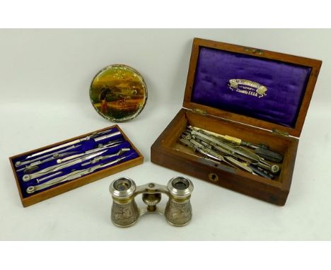 A Victorian mathematician's set in a mahogany case, the lid bearing a plaque engraved J Crone, the compasses engraved J.C., a