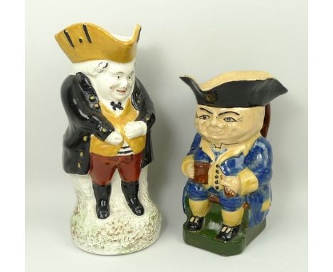 A pottery character jug, late 19th century, modelled as the Snuff Taker, 21cm high, and a further character jug modelled as a