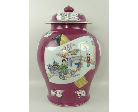 A modern Chinese export style, baluster vase and cover, decorated with reserves of various shapes including scenes of a lady 